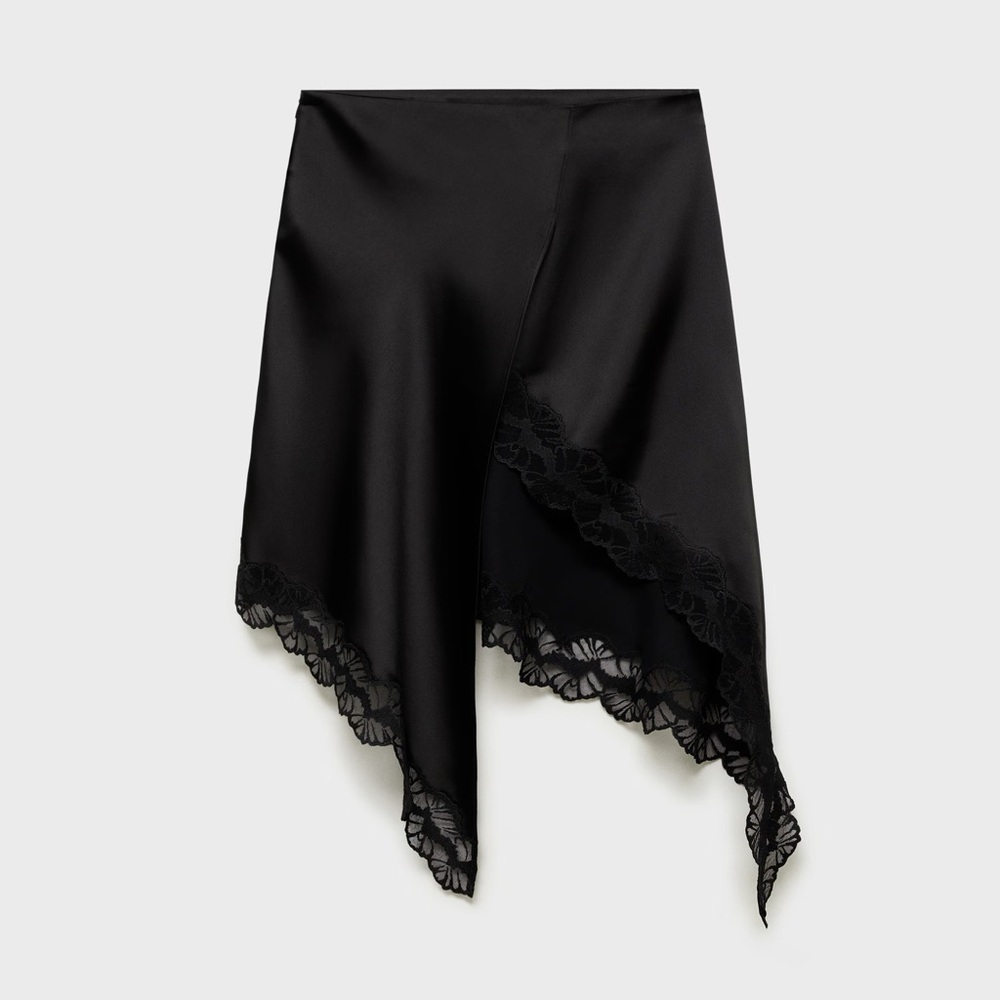 Black Lace-Trim Asymmetric Satin Skirt